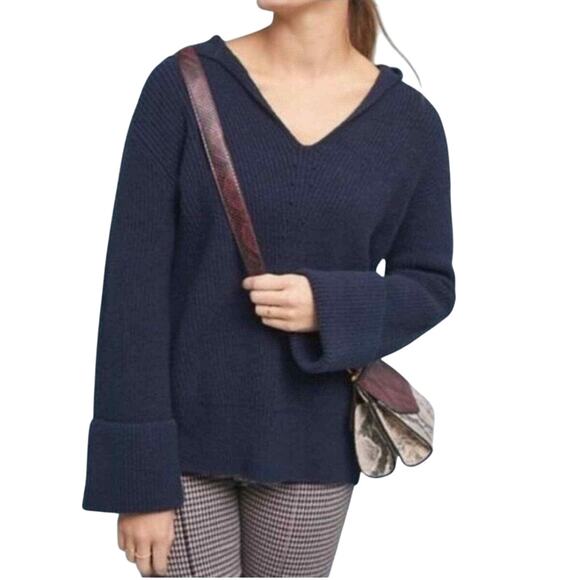 Anthro | by Anthropologie Stitch Sweater Hoodie Knit Navy sz M Oversized Cozy - Picture 1 of 5